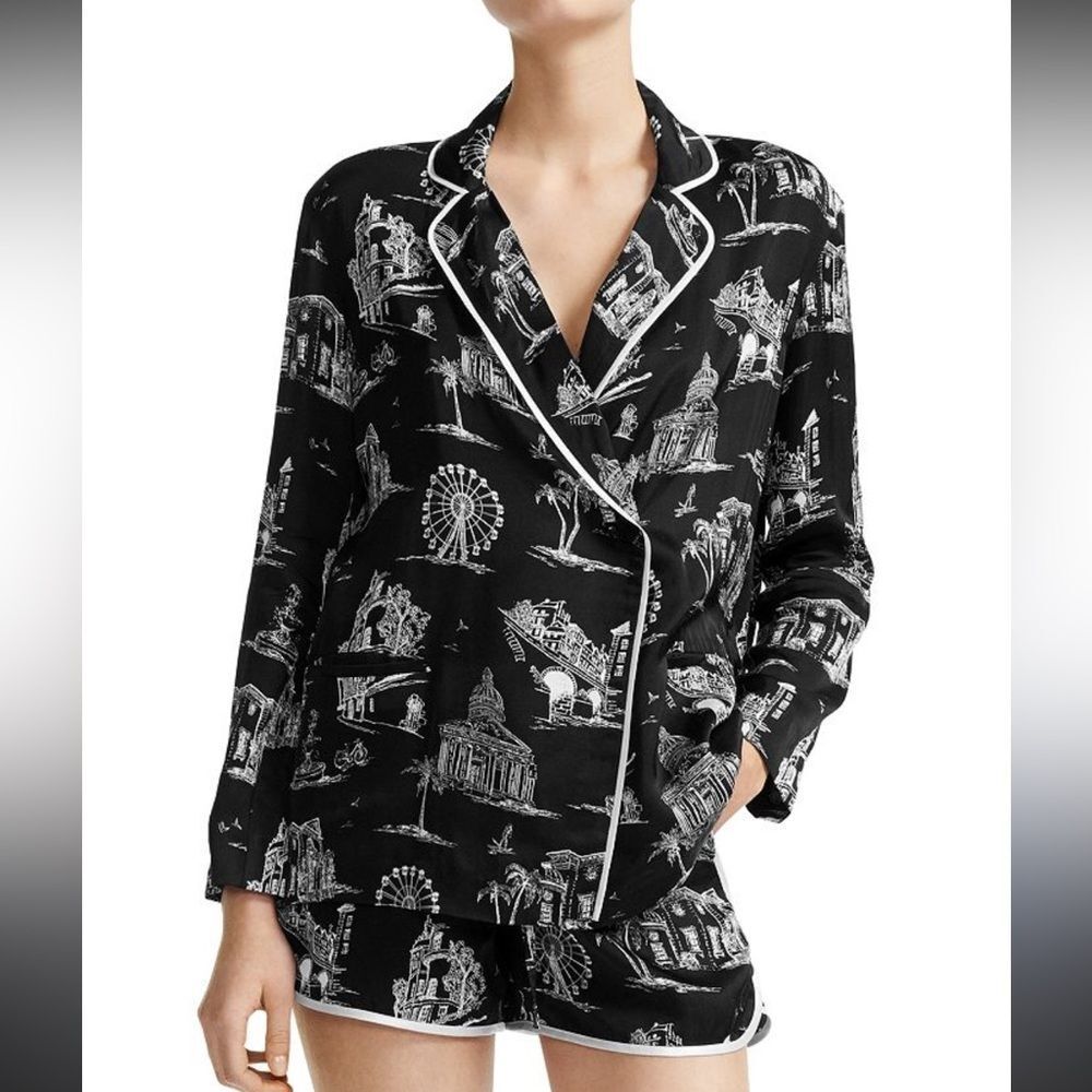 Maje Black and White Printed Silk-Blend Pajama Top